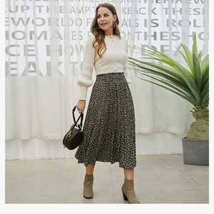 EXLURA Womens High Waist Polka Dot Pleated Skirt Midi Swing Skirt with Pockets.